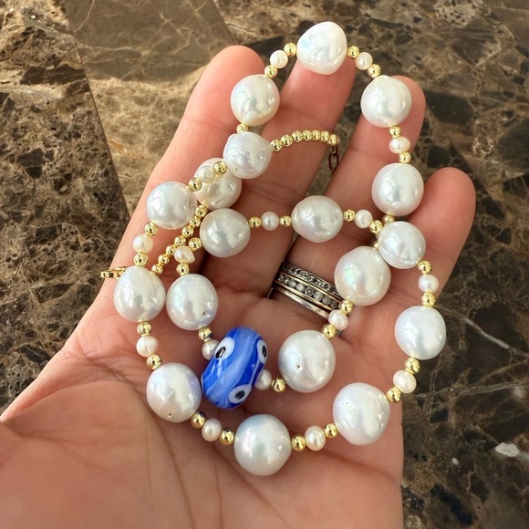 Elegant Pearl and Blue Murano Evil Eye Necklace & one Hair Clip - Picture 5 of 9